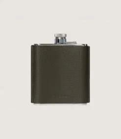 Grainy Leather Hip Flask In Olive Green