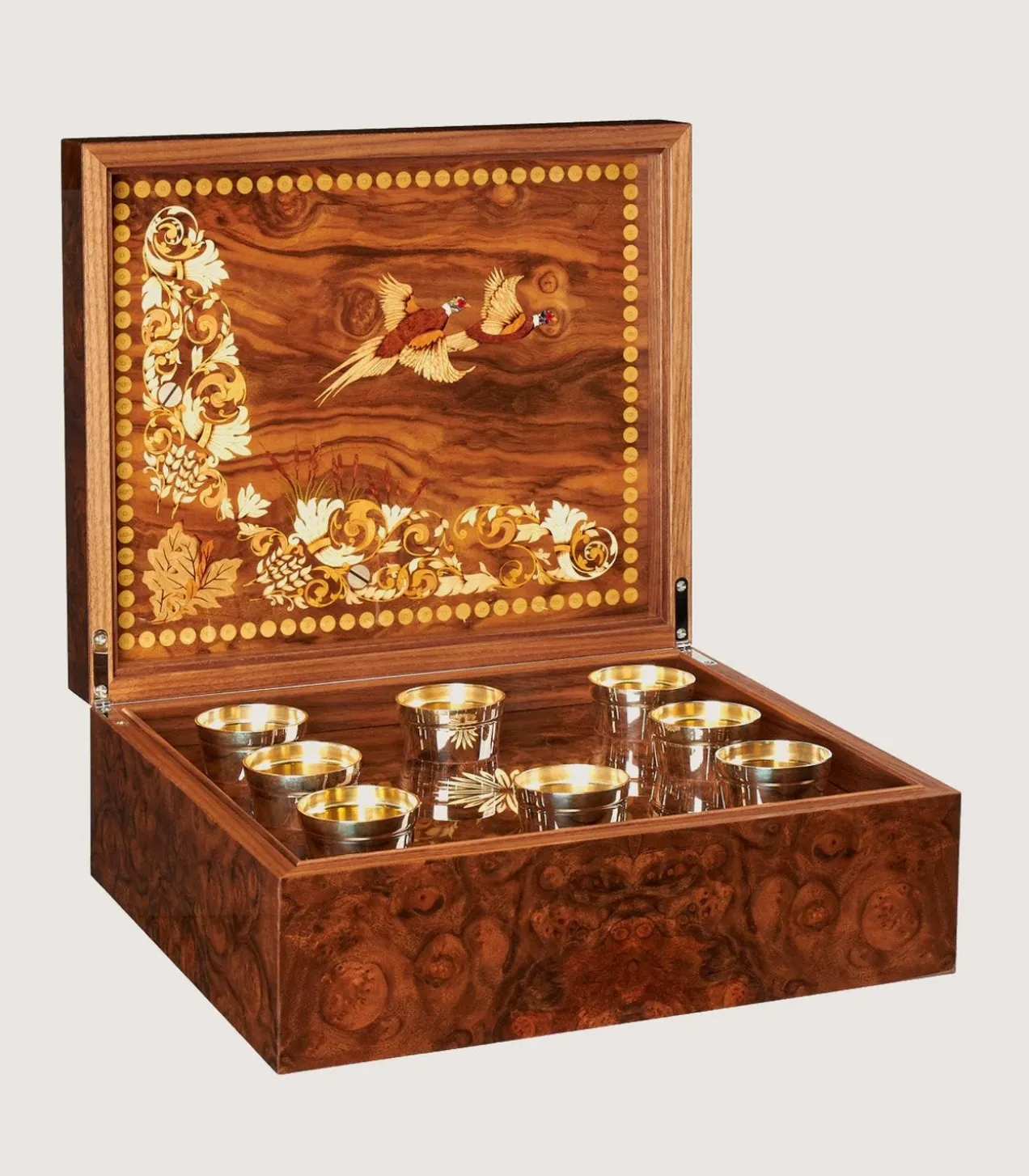 Marquetry Box With Silver Cups In Natural