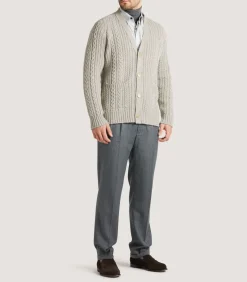 Men'S Cashmere Cable And Rib V Neck Cardigan In Drab