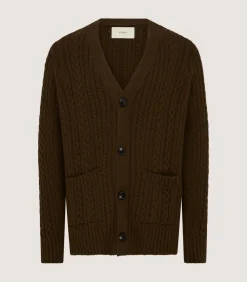 Men'S Cashmere Cable And Rib V Neck Cardigan In Military