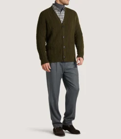 Men'S Cashmere Cable And Rib V Neck Cardigan In Military