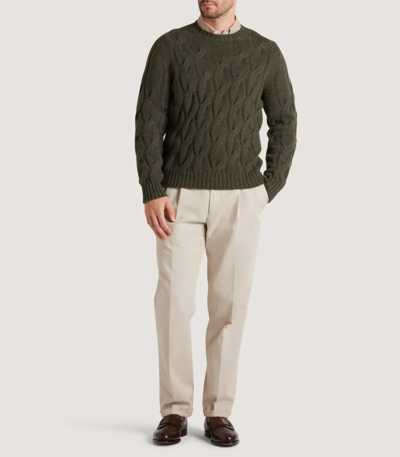 Men'S Cashmere Loch Cable Crew Neck Sweater In Loden