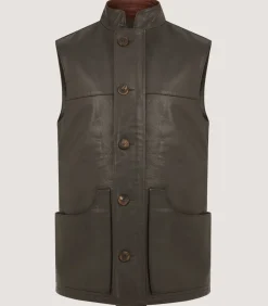 Men'S High Collar Leather Sporting Vest In Brown