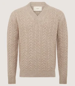 Men'S Taupe Cashmere Linen V Neck Cricket Jumper