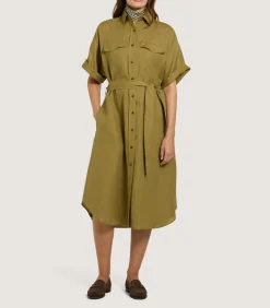 Women'S Belted Linen Shirt Dress In Ochre