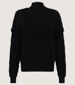 Women'S Cashmere Sweater Blouse With Lace Trim In Black